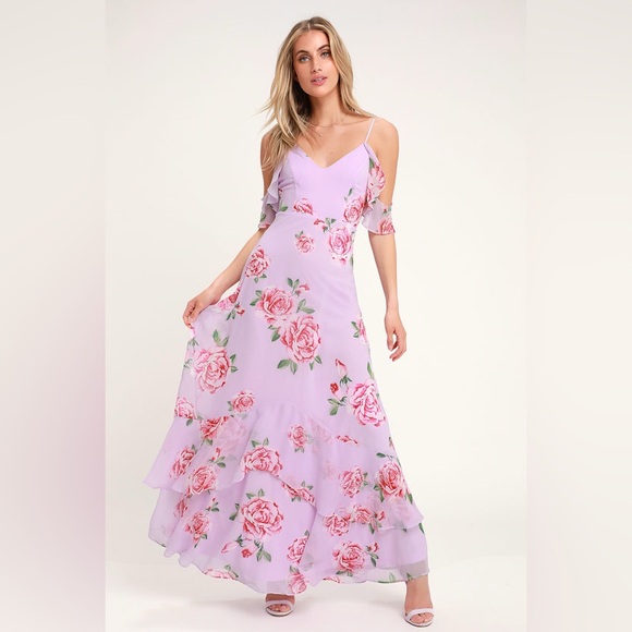 Lulus Lavender Pink Floral Maxi Dress Ruffles Roses Wedding Victorian Coquette - Picture 5 of 7